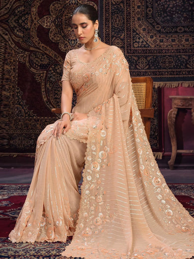 Attractive Peach Sequins Georgette Festival Wear Saree With Blouse